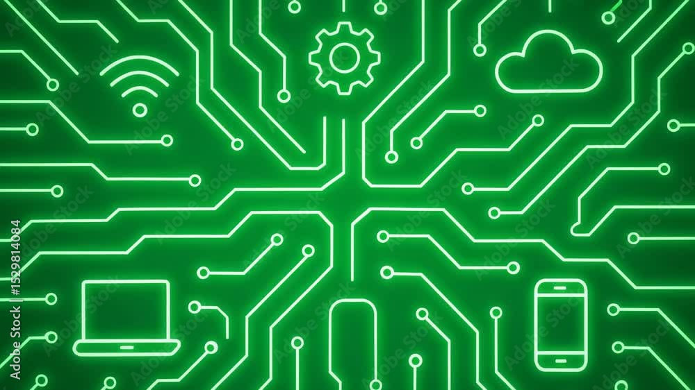 Poster an abstract representation of a green circuit board, featuring icons of wireless, cloud computing, a