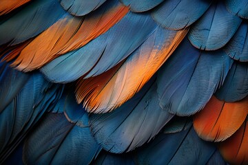 Fototapeta premium A striking close-up of colorful feathers in vivid blue and orange hues, exhibiting intricate patterns and textures, celebrating nature's beauty in avian life and artistry.