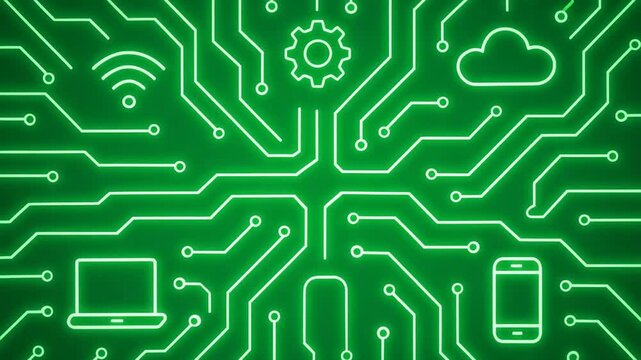 An abstract representation of a green circuit board, featuring icons of wireless, cloud computing, and devices, symbolizing the interconnectedness of modern technology.
