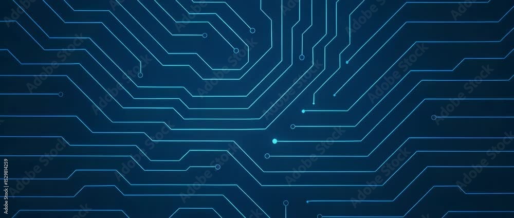 Poster an abstract digital circuit board design showcasing intricate patterns in a vibrant blue hue. ideal 