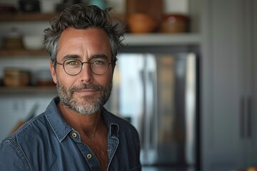 Obraz premium A portrait of a charismatic man in a modern kitchen, exuding charm and confidence, perfectly illustrating warmth and connection in a domestic setting filled with creativity.