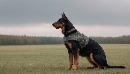 Dog in camouflage vest sits alertly on grassy field, showcasing its strong physique and attentive demeanor against a backdrop of overcast sky and distant trees