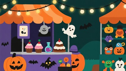 Obraz premium Whimsical Halloween Market Scene with Ghosts, Pumpkins, and Treats under Glowing Lights creating a festive autumn atmosphere celebration