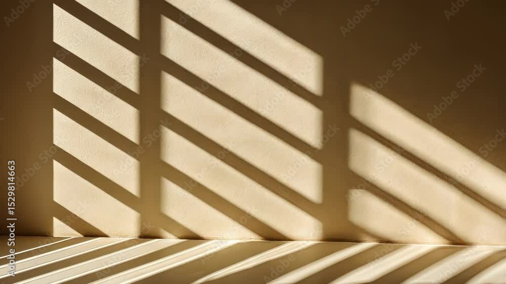 Poster natural light creating an abstract pattern of shadows from a window on a beige wall and floor, perfe