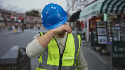 Young man in reflective vest and hardhat wiping sweat outdoors on city street, conveying fatigue...