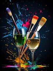 Art and wine night banner with paintbrushes, wine glasses, and creative splashes of color, ready to advertise summer sip and paint deals.