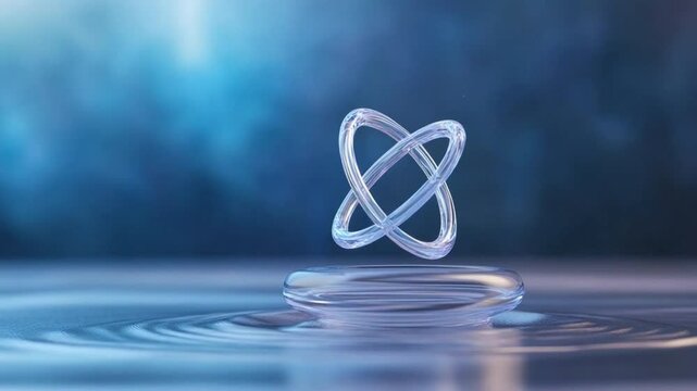 Abstract Orbital Harmony: A luminous, intertwined geometric shape hovers gracefully above a tranquil surface. The ethereal artwork in a scene of calm beauty evokes a sense of balance, infinity.
