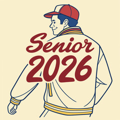 Senior 2026 graduate illustration, back view, varsity jacket, clean cutout