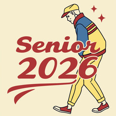 Senior 2026 illustration, stylish graduate walking, retro design, transparent background