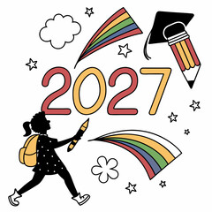 Happy 2027 back to school girl student rainbow graduation