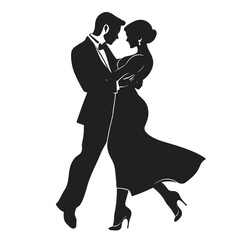 Elegant dancing couple silhouette in formal attire on white background for wedding decorations
