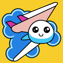 Fototapeta premium Cartoon airplane with cute face flying through the clouds