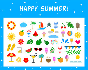 Summer Holiday Icon Set – Beach, Fruits, and Vacation Elements