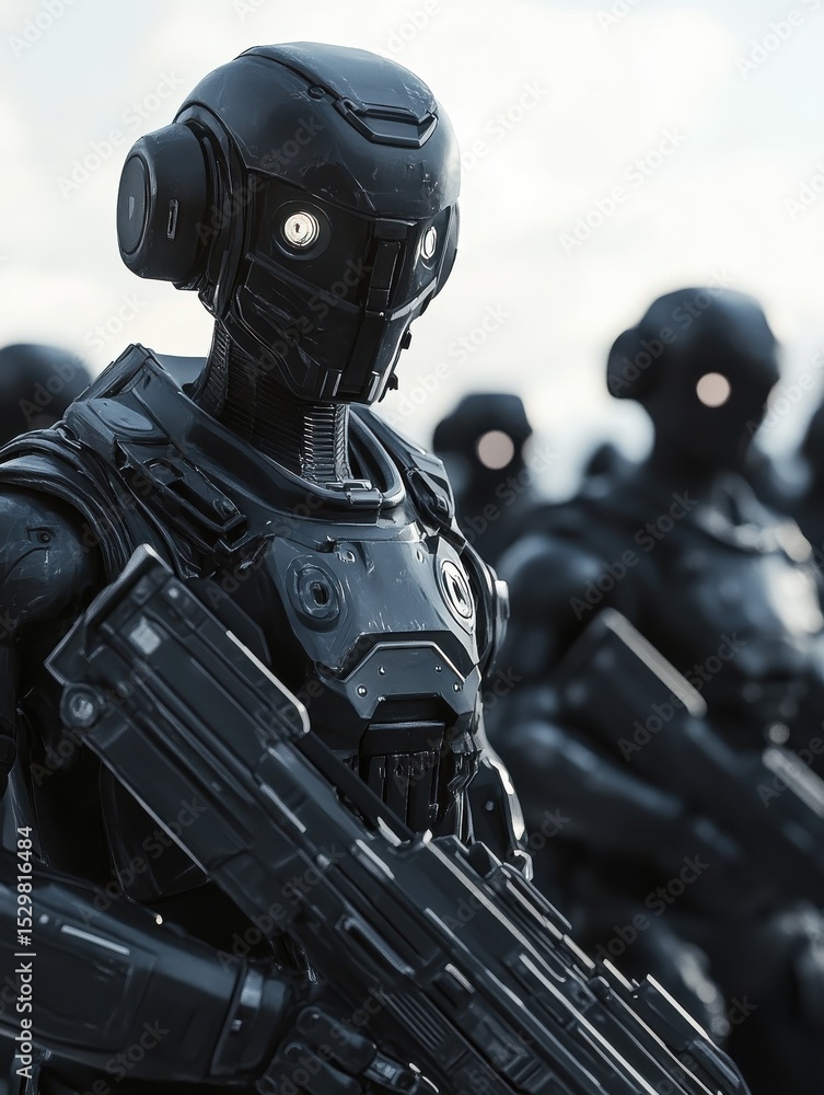Poster modern military units supported by artificial intelligence, representing the concept of a futuristic