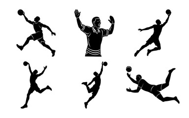 Collection of vector silhouettes of basketball players in action, jumping and running with the ball