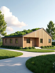 Obraz premium modular prefab school building living green roof minimalist scandinavian style photorealistic
