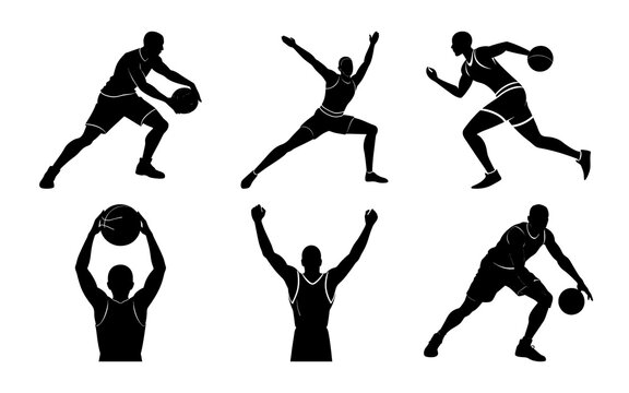Dynamic vector silhouettes of players engaging in various sports actions like soccer, basketball, and running, alongside dancing figures, illustrate fun and competitive team games