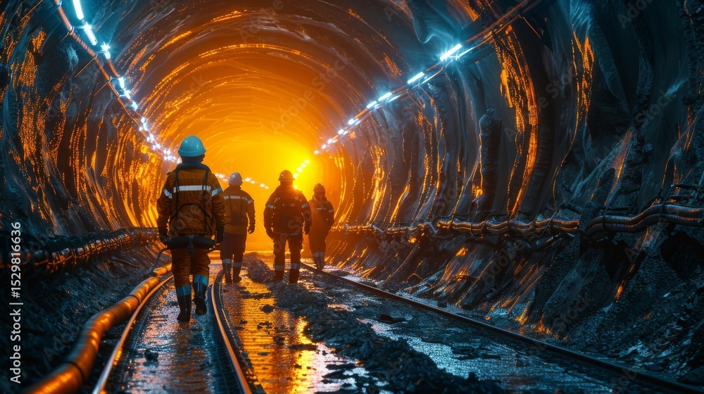 Aufkleber an intriguing image of workers walking through a brightly lit industrial tunnel, illuminated by glow