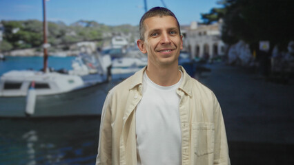 Obraz premium Man smiling outdoors at a seaside port with boats and a sunny backdrop indicating a peaceful environment.