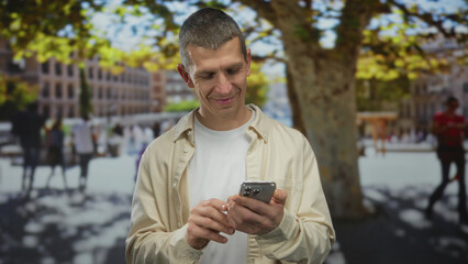 Fototapeta premium Man using smartphone outdoors on the street, surrounded by urban scenery and pedestrians, showcasing modern technology in everyday life beneath a tree's shade.