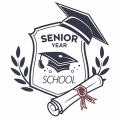 Senior year school graduation emblem design with cap and diploma