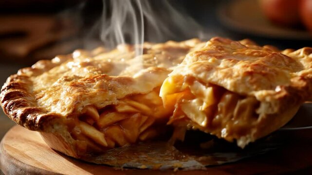 Close-up of a steaming fresh apple pie just from the oven, as a spatula breaks off a warm slice, bathed in soft, cozy lighting.

