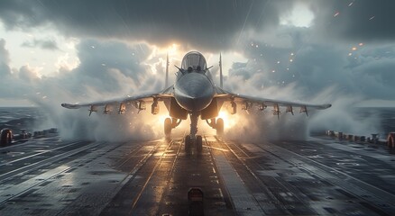 A powerful image of a military jet launching from the deck of an aircraft carrier, capturing the intensity and motion of naval aviation in a dramatic setting.