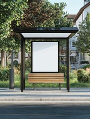 Blank poster on bus shelter in quiet suburban neighborhood. White billboard mockup with copy space on roadside. Public transport stop. Modern city street scene with bench. Ideal template for