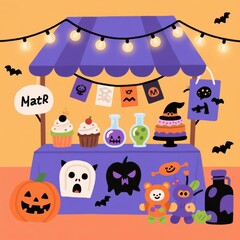Obraz premium Whimsical Halloween Market Stall with Cute Decorations and Treats: A Festive and Colorful Illustration for Spooky Season Celebrations and Crafts