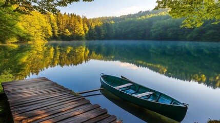 Fototapeta premium A tranquil forest lake with a small wooden dock and a rowboat tied to it