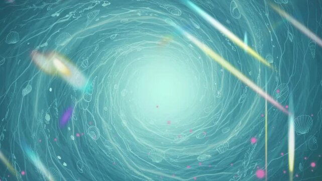 A swirling blue vortex with white lines seashell illustrations and blurred light streaks