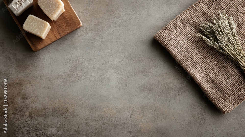 Aufkleber this image showcases a rustic flat lay featuring soap pieces on a wooden board, complemented by natu