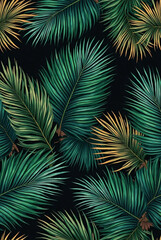 Tropical Palm Leaf Pattern with Golden Highlights on Black Background

