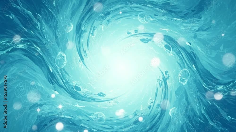 Poster swirling cyan vortex with seashells sparkles and light