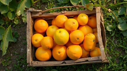 Fresh oranges in rustic wooden crate on grassy ground outdoors