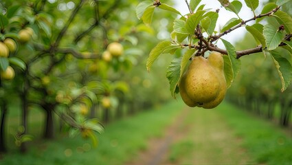 Yellow pear on tree branch in orchard with blurred background