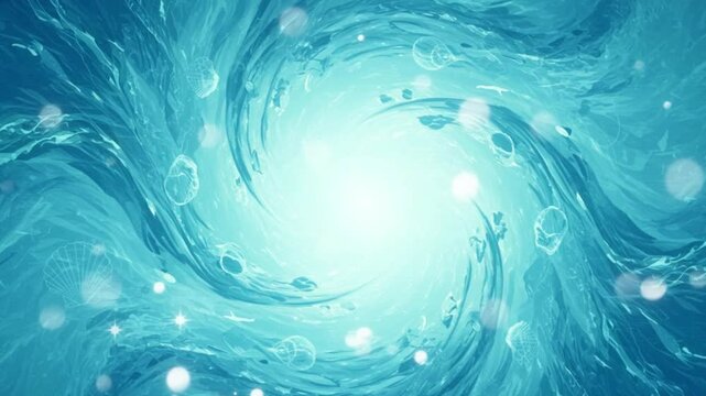Swirling cyan vortex with seashells sparkles and light