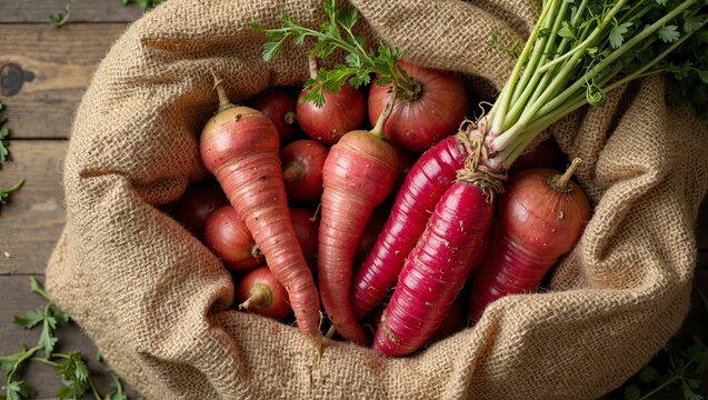 Fresh red beets in burlap sack on wooden surface with green tops