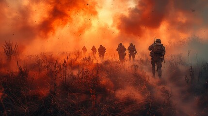 Fototapeta premium A powerful image of soldiers advancing through clouds of smoke in a battlefield setting, evoking strong emotions of bravery, conflict, and the human condition during war.