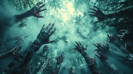 Fototapeta premium An eerie and unsettling perspective reveals undead hands reaching towards the sky amid fog, creating a chilling atmosphere that evokes themes of horror and the supernatural.
