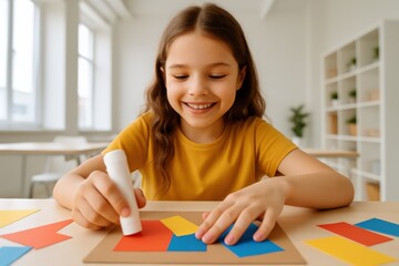 Happy girl creating art with colored paper in bright classroom  
