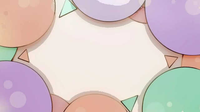 A frame of pastel circles  triangles in light shades with a central blank space