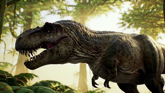 Realistic T-Rex in a Lush, Green Prehistoric Jungle