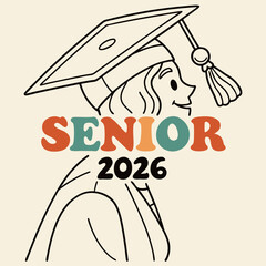 Senior 2026 graduation illustration retro style graduate cap gown