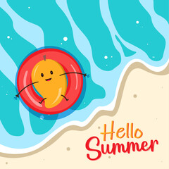 Hello Summer Vector Artwork. Colorful Tropical Beach Scene with Ocean Waves, Summer Vibes Illustration for Vacation