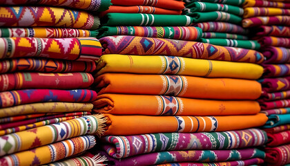 Vibrant bolivian traditional textiles displayed at cultural festival.