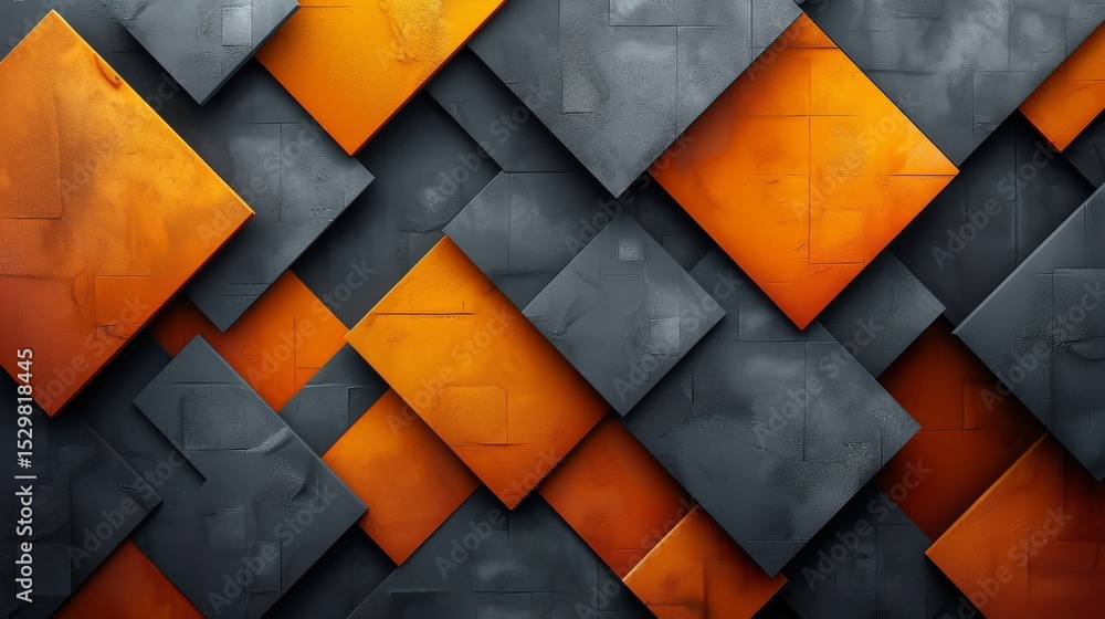 Poster a vibrant composition of orange and gray geometric shapes arranged dynamically, showcasing an engagi