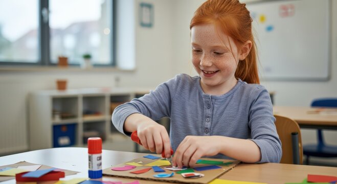 Girl crafting with colorful paper in classroom during daytime