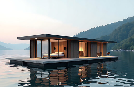 Fototapeta floating river hotel geothermal heating cooling minimalist scandinavian style photorealistic