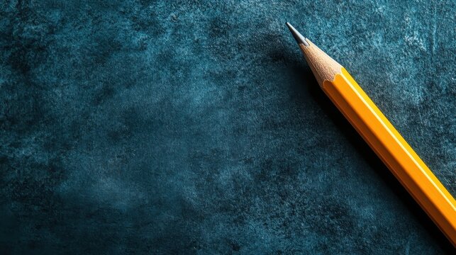 A bright yellow pencil resting on a dark blue textured surface, creating a striking contrast that highlights the simplicity and creativity of everyday objects in an artistic setting.